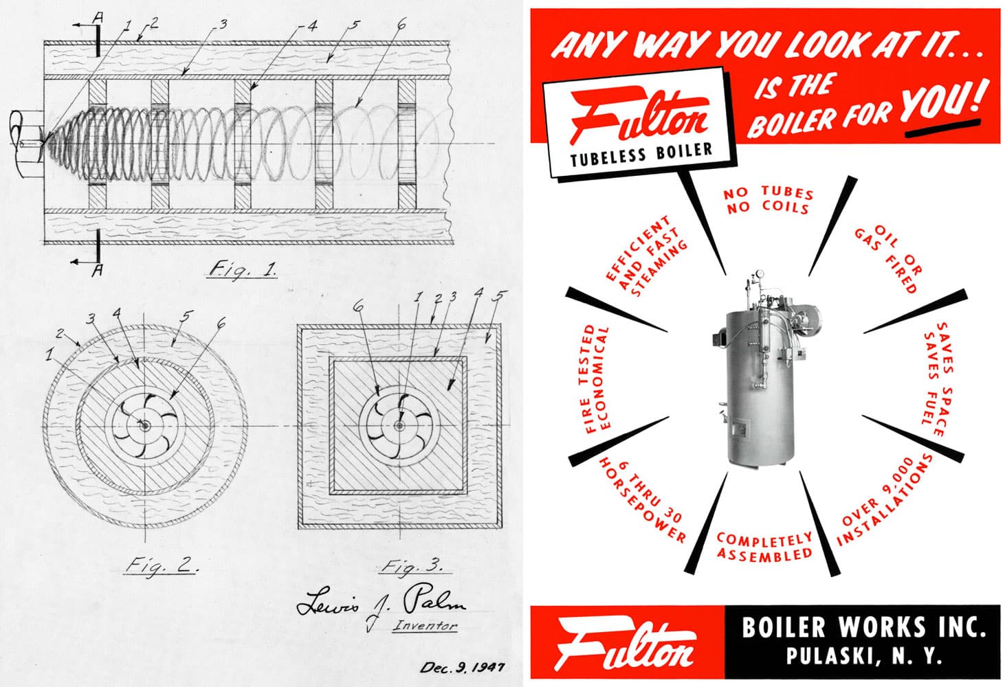 Design drawings for the first Fulton Products and a vintage advertisement for Fulton's premiere product line